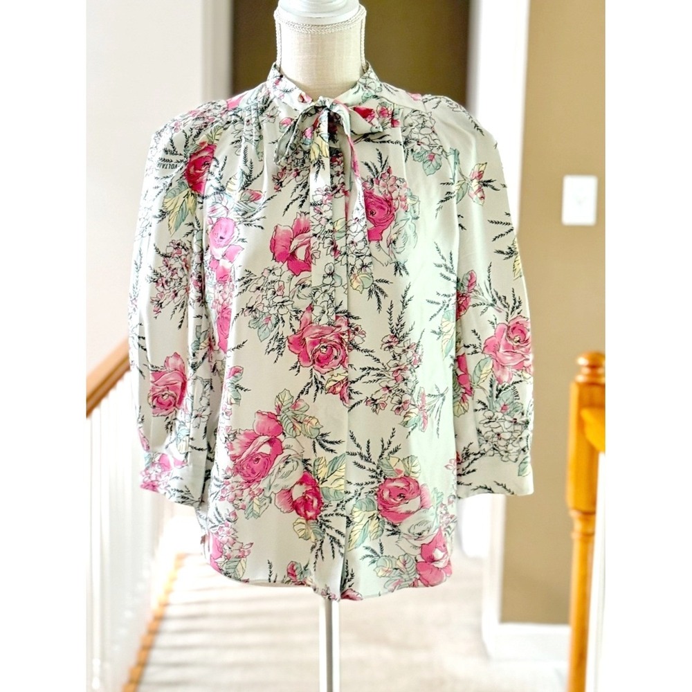 Zadig & Voltaire Touch Twill Roses Silk Blouse Pink Floral Tie Neck M